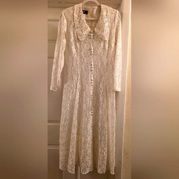 Vtg 80s Elegant Ivory Lace Button-Down Maxi Dress Sheer W/Slip Dress Bridal - Picture 13 of 15